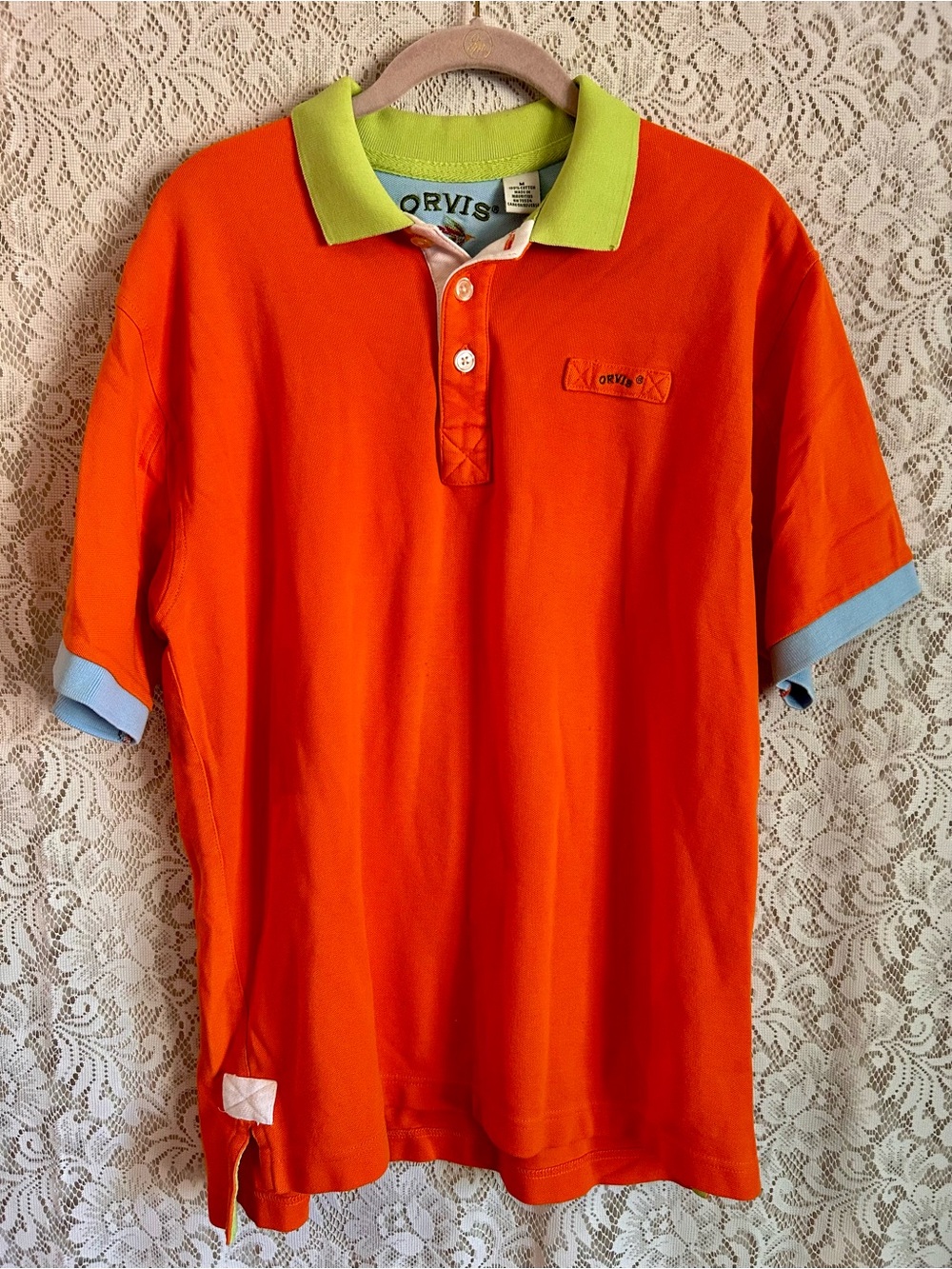 Orvis Polo Shirt Mens Medium Orange Colorblock Cotton Fishing Golf Casual